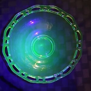 Lancaster Green Uranium Glass Open Lace Serving Bowl